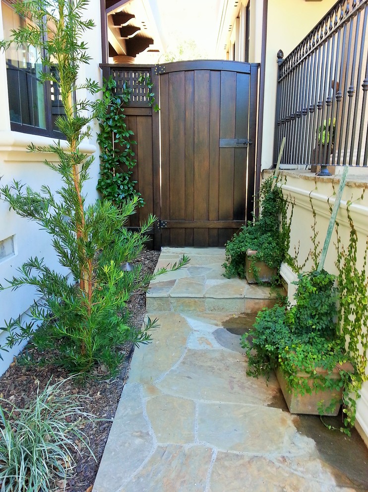 Exemple d'un petit jardin en pots latéral moderne avec une exposition ombragée et des pavés en pierre naturelle.