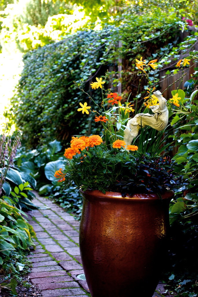Esempio di un giardino formale contemporaneo di medie dimensioni e dietro casa con un giardino in vaso e pavimentazioni in mattoni