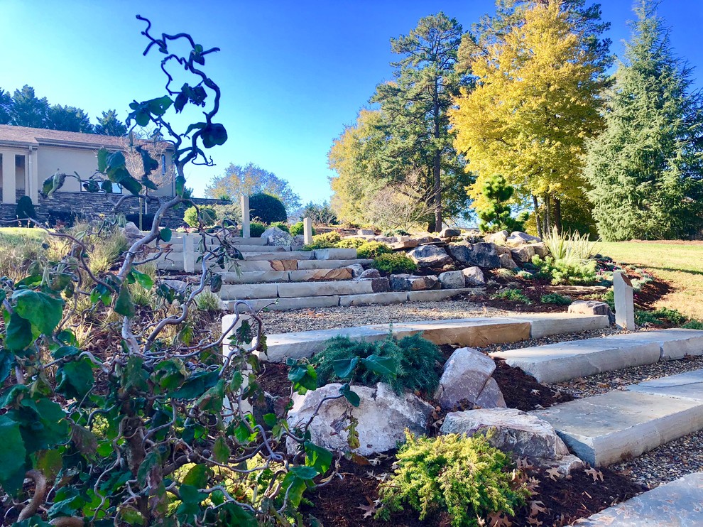 Large world-inspired front full sun garden in Charlotte with a garden path and natural stone paving.