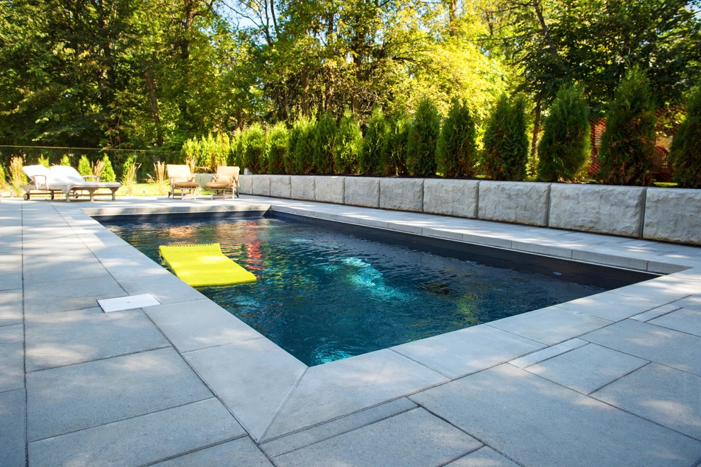 Immagine di una piscina minimal dietro casa con pavimentazioni in cemento