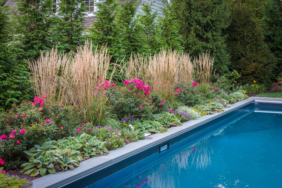 Mittelgroßer Moderner Garten hinter dem Haus mit Natursteinplatten in New York