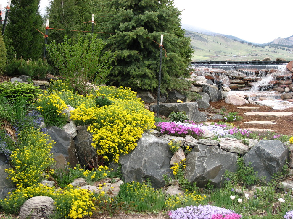 Inspiration for a huge contemporary full sun backyard stone landscaping in Denver for summer.