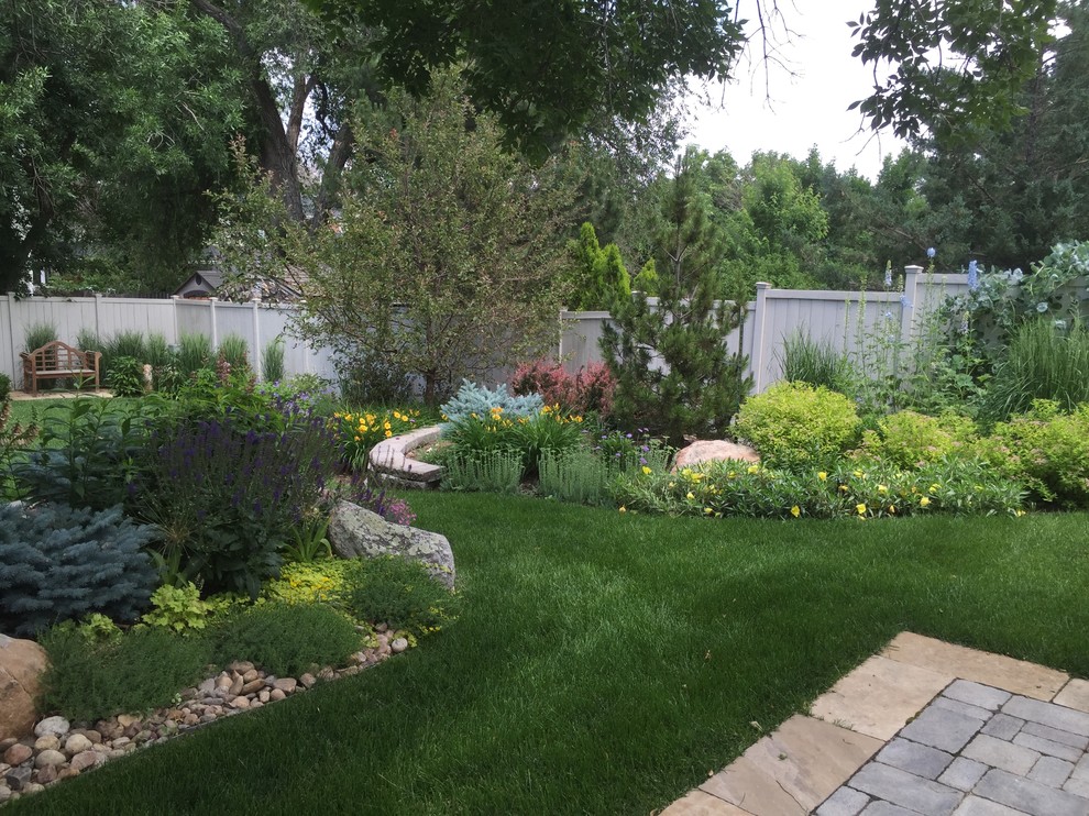 Immagine di un giardino xeriscape design esposto a mezz'ombra di medie dimensioni e dietro casa in estate con un muro di contenimento e pavimentazioni in cemento