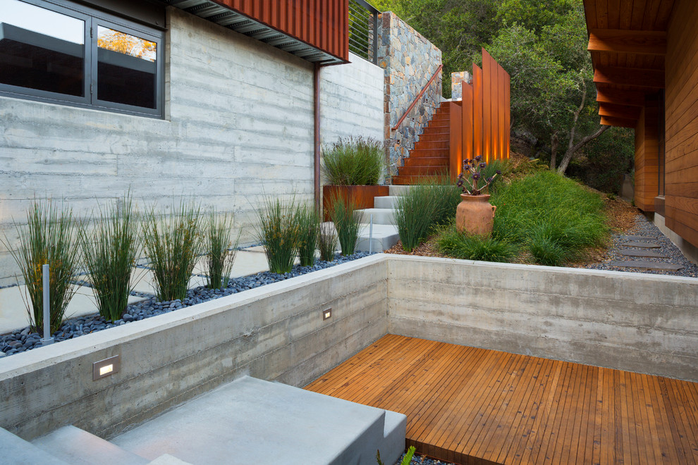 Cette photo montre un jardin sur cour tendance avec une terrasse en bois.