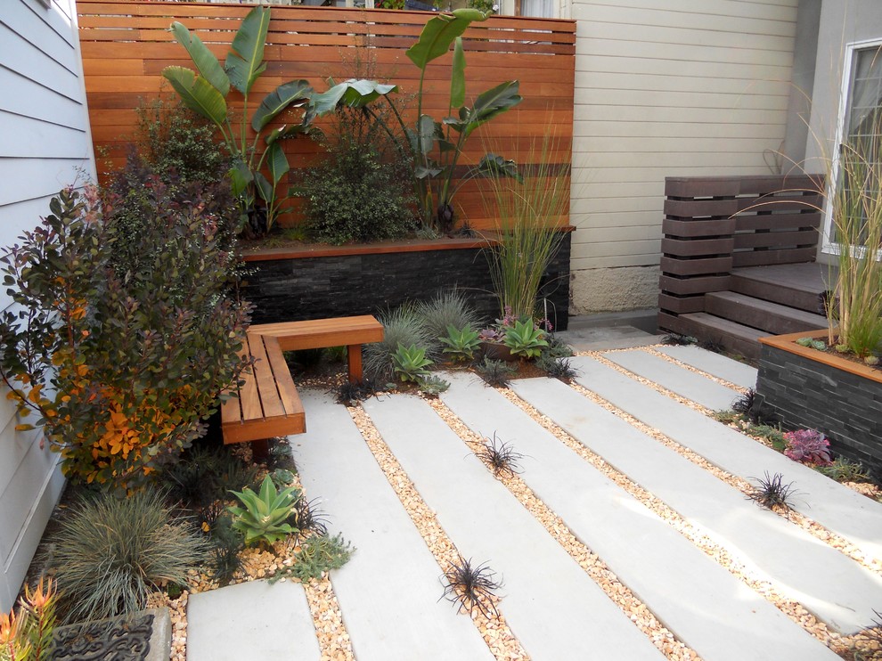 Стильный дизайн: маленький засухоустойчивый сад на заднем дворе в современном стиле с мощением тротуарной плиткой для на участке и в саду - последний тренд