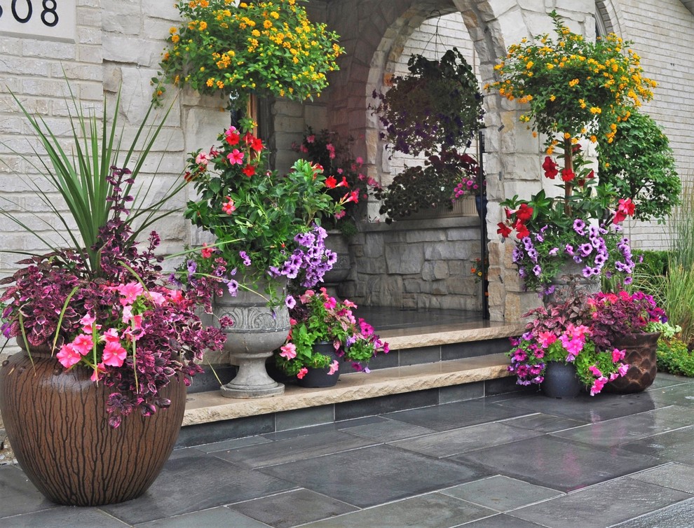 Inspiration pour un petit jardin en pots avant design l'été avec une exposition partiellement ombragée et des pavés en pierre naturelle.