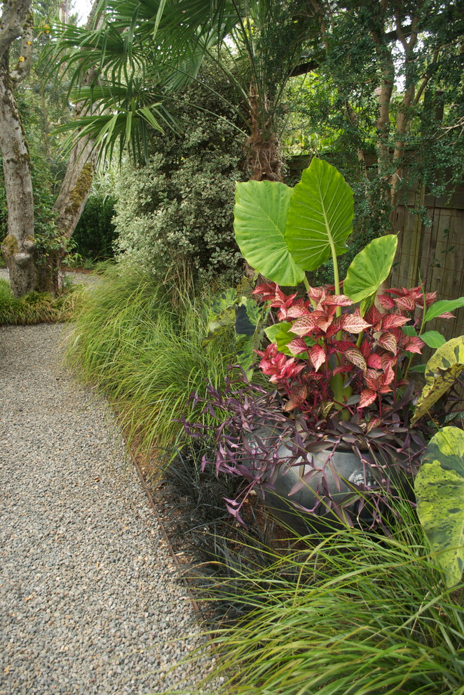 This is an example of a contemporary backyard gravel landscaping in Portland.