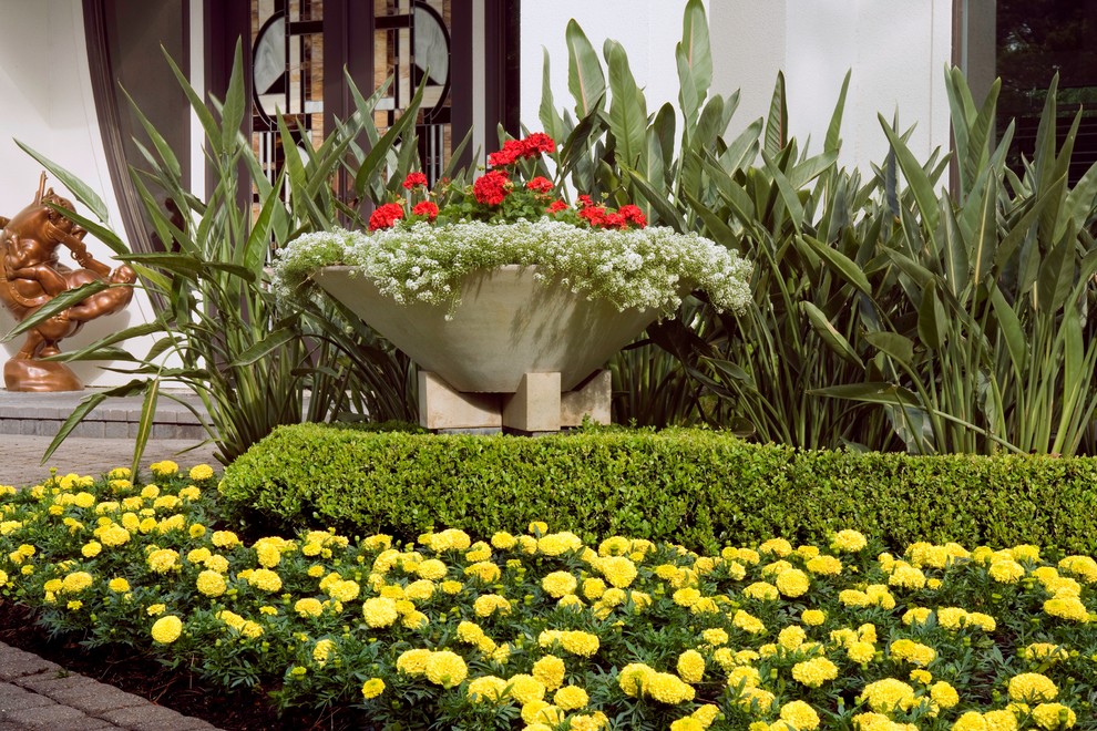 Exemple d'un grand jardin en pots avant tendance au printemps avec une exposition partiellement ombragée et des pavés en béton.