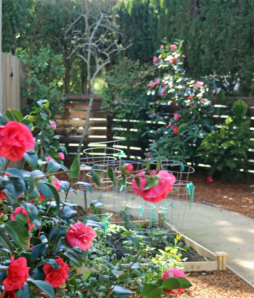 На фото: большой тенистый, весенний участок и сад на боковом дворе в современном стиле с садовой дорожкой или калиткой и покрытием из гравия