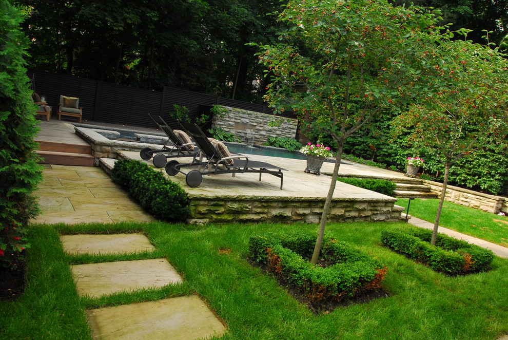 Cette image montre un jardin arrière traditionnel de taille moyenne et l'été avec un point d'eau, une exposition partiellement ombragée et des pavés en pierre naturelle.