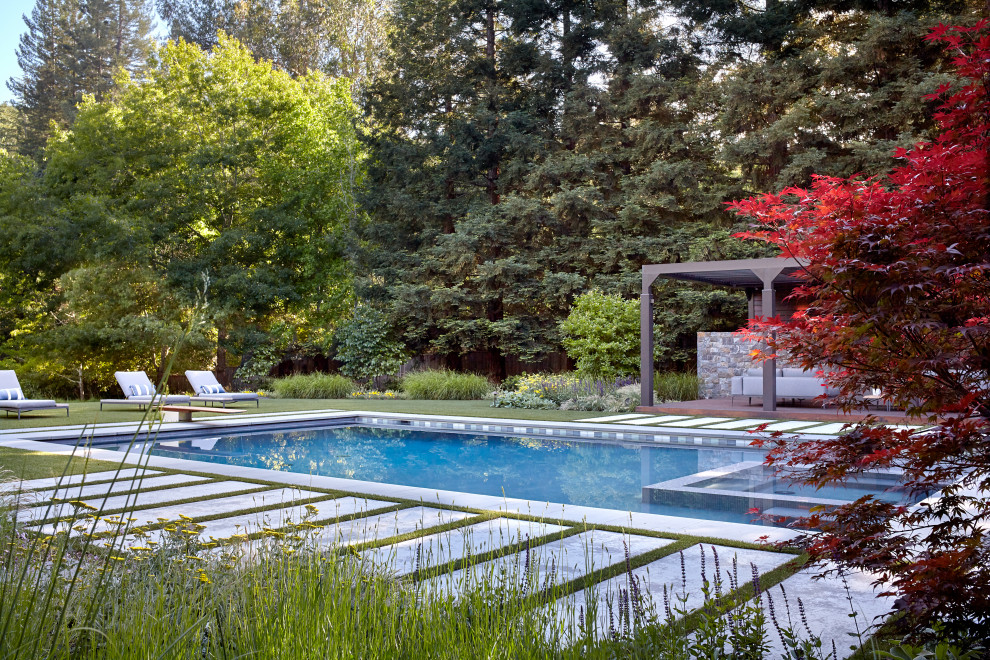 Idee per un ampio giardino design esposto in pieno sole dietro casa con pavimentazioni in pietra naturale