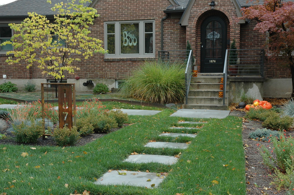 Esempio di un piccolo giardino xeriscape design esposto a mezz'ombra davanti casa in autunno con pavimentazioni in cemento
