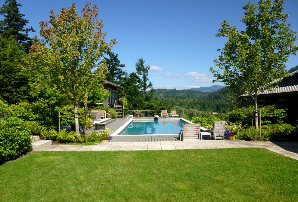 На фото: бассейн на заднем дворе в современном стиле с