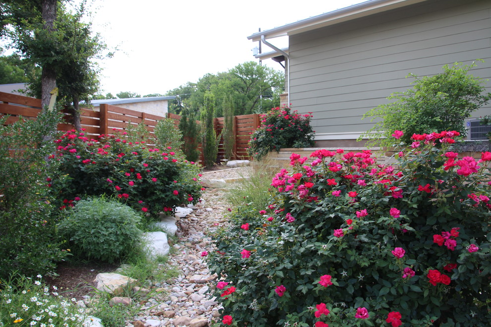 This is an example of a medium sized contemporary back xeriscape full sun garden in Austin with gravel.