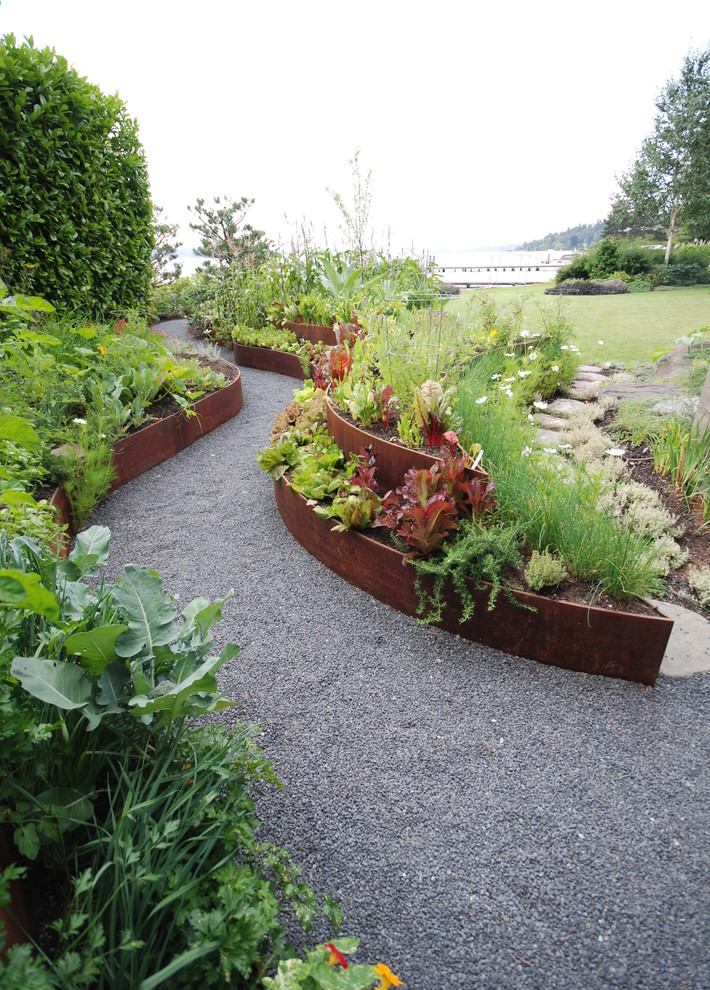 Design ideas for a contemporary full sun backyard gravel vegetable garden landscape in Seattle.