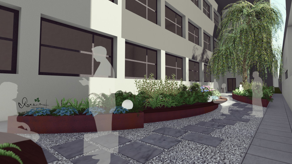 Пример оригинального дизайна: маленький тенистый участок и сад на внутреннем дворе в стиле модернизм с высокими грядками и покрытием из гравия для на участке и в саду