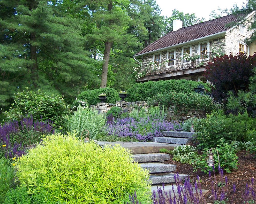 Cette image montre un jardin rustique l'été avec une pente, une colline ou un talus.