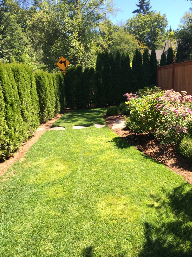 На фото: солнечный регулярный сад среднего размера на заднем дворе в стиле модернизм с дорожками, хорошей освещенностью и покрытием из каменной брусчатки
