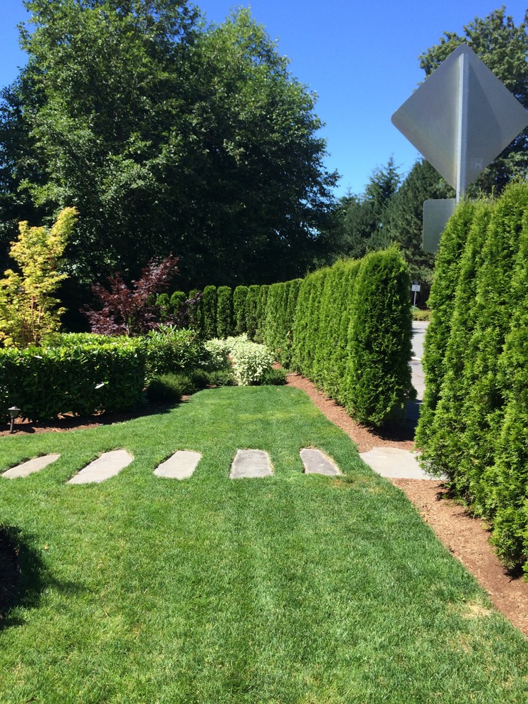 Esempio di un giardino formale minimalista esposto in pieno sole di medie dimensioni e dietro casa con cancello e pavimentazioni in pietra naturale