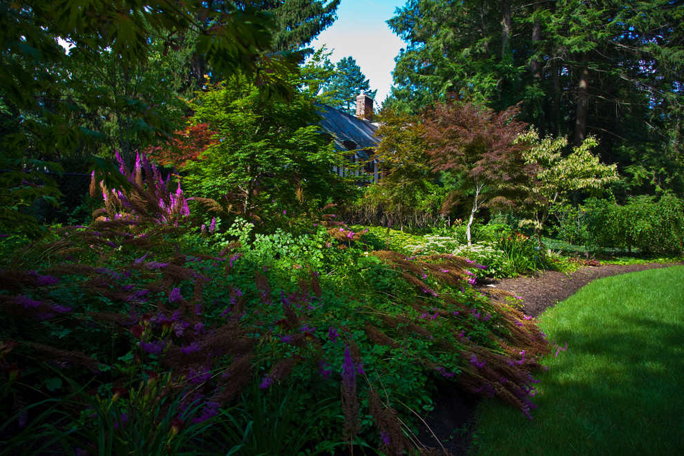 Cette image montre un très grand aménagement d'entrée ou allée de jardin arrière traditionnel au printemps avec un paillis et une exposition partiellement ombragée.