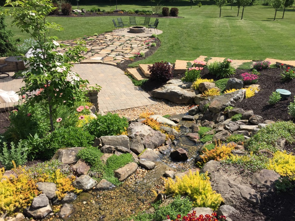 Design ideas for a large traditional full sun backyard stone water fountain landscape in Columbus for spring.