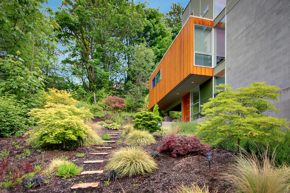 This is an example of a modern sloped garden steps in Seattle.