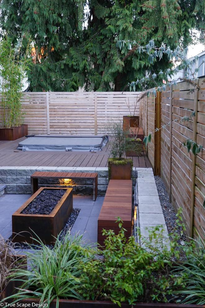 Ispirazione per un piccolo giardino xeriscape moderno in ombra dietro casa con un focolare e pavimentazioni in cemento