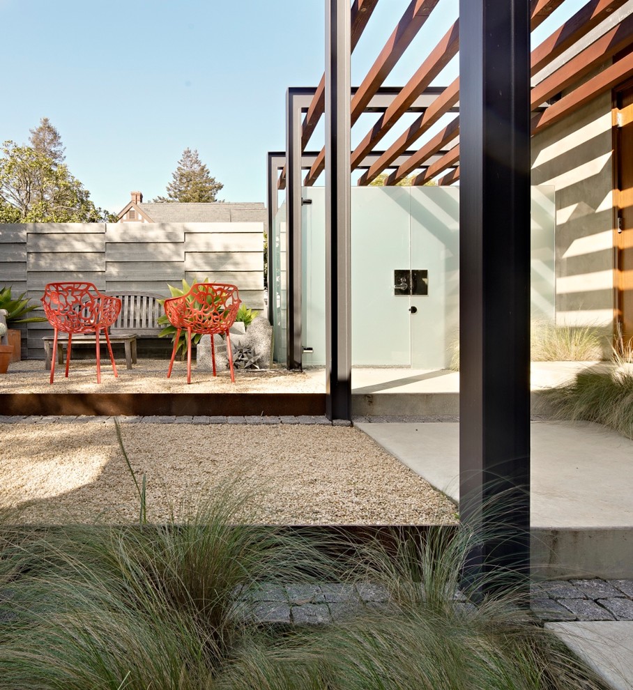 Idee per un grande giardino xeriscape moderno esposto a mezz'ombra nel cortile laterale con ghiaia