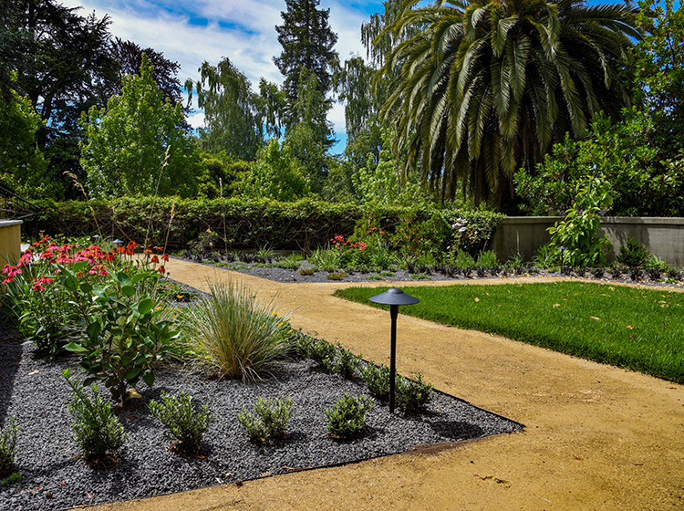 Свежая идея для дизайна: регулярный сад на заднем дворе в средиземноморском стиле с дорожками и покрытием из гранитной крошки - отличное фото интерьера