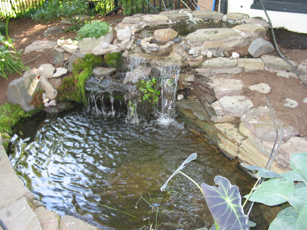 Klassischer Garten hinter dem Haus mit Wasserspiel und Natursteinplatten in Baltimore