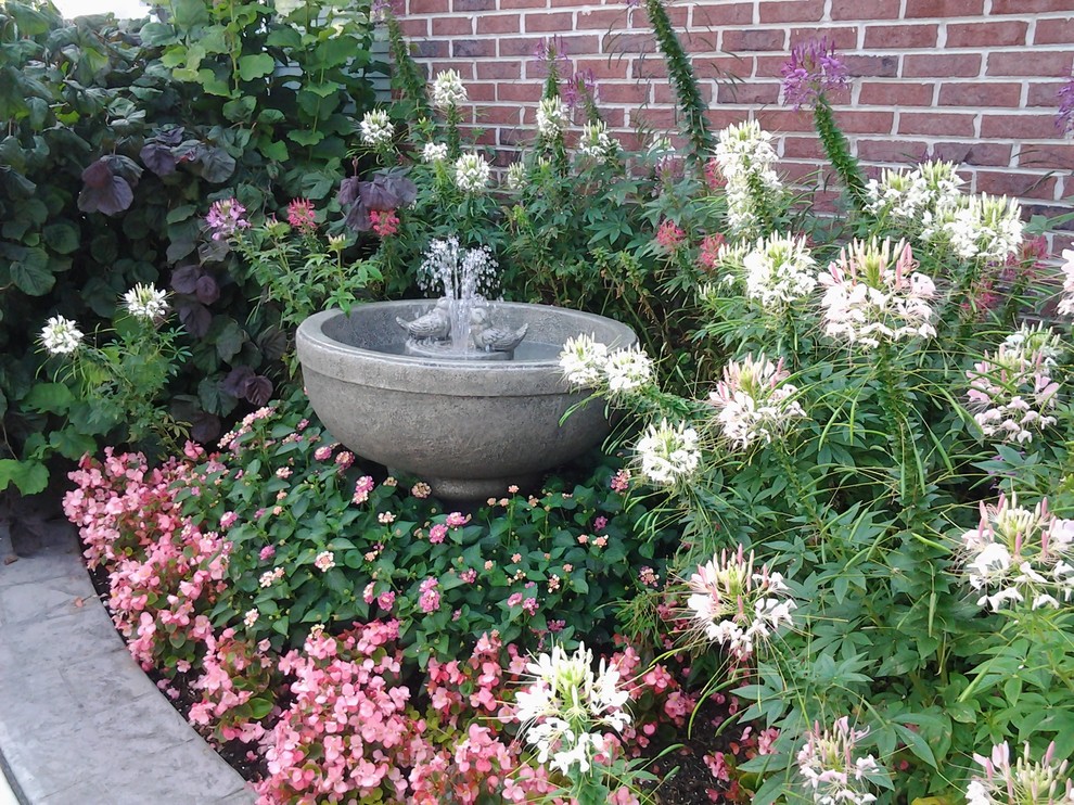 На фото: маленький солнечный регулярный сад на боковом дворе в стиле неоклассика (современная классика) с садовой дорожкой или калиткой и хорошей освещенностью для на участке и в саду с
