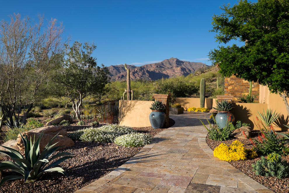 Esempio di un ampio giardino xeriscape stile americano esposto in pieno sole dietro casa in estate con un focolare e pavimentazioni in pietra naturale