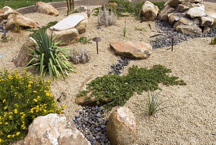 Ejemplo de jardín de secano de estilo americano de tamaño medio en patio trasero con exposición total al sol y adoquines de piedra natural