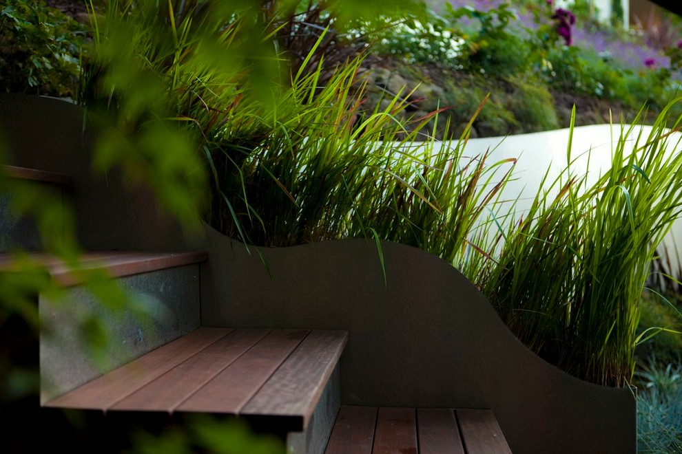 Ispirazione per un ampio giardino design esposto in pieno sole dietro casa in estate con un muro di contenimento e pedane