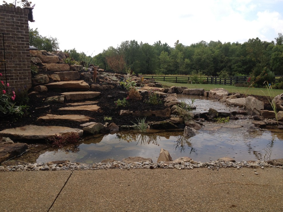 Large rustic back formal full sun garden in Louisville with a pond and natural stone paving.