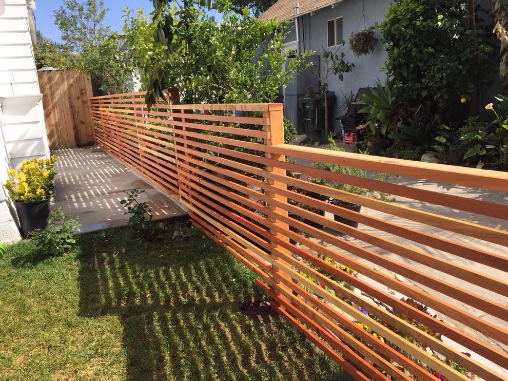 Custom Redwood Slat Fence Transitional Landscape Los Angeles by