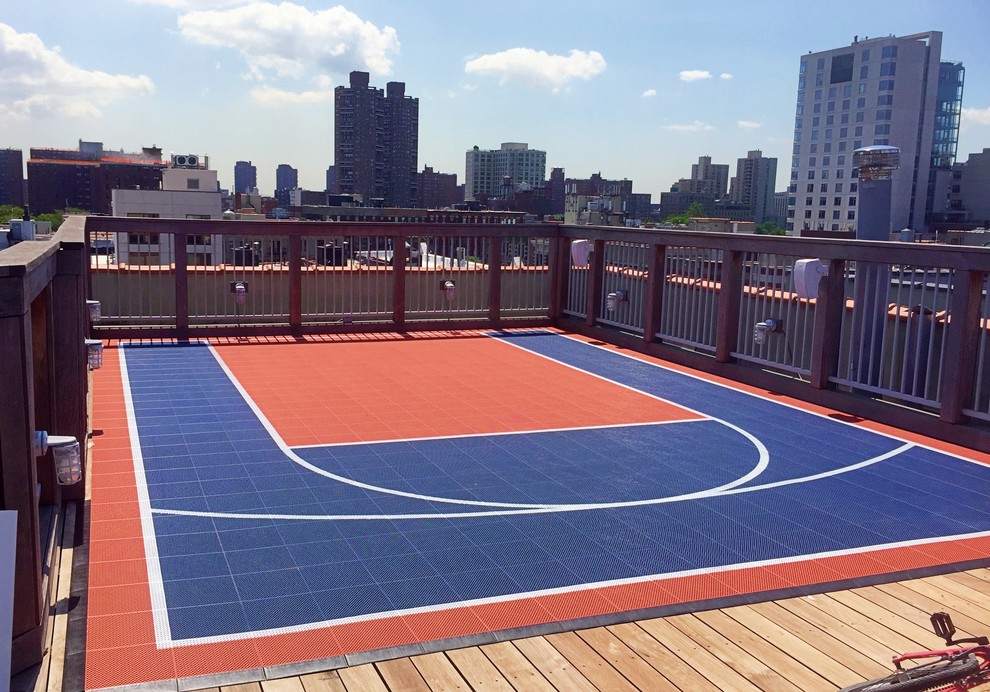 Inspiration for a small modern roof full sun garden in New York with an outdoor sport court and a climbing frame.