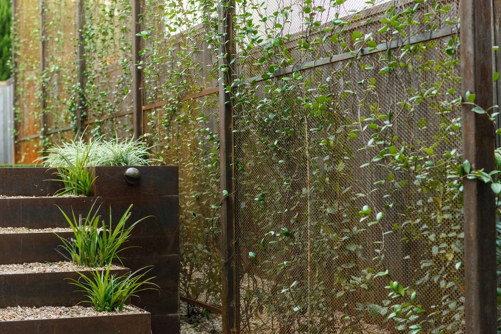 Immagine di un giardino moderno esposto a mezz'ombra di medie dimensioni e nel cortile laterale in primavera con ghiaia