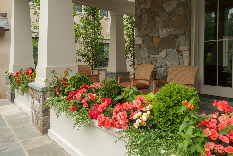 Geometrischer, Mittelgroßer, Halbschattiger Rustikaler Vorgarten im Sommer mit Kübelpflanzen und Natursteinplatten in Washington, D.C.