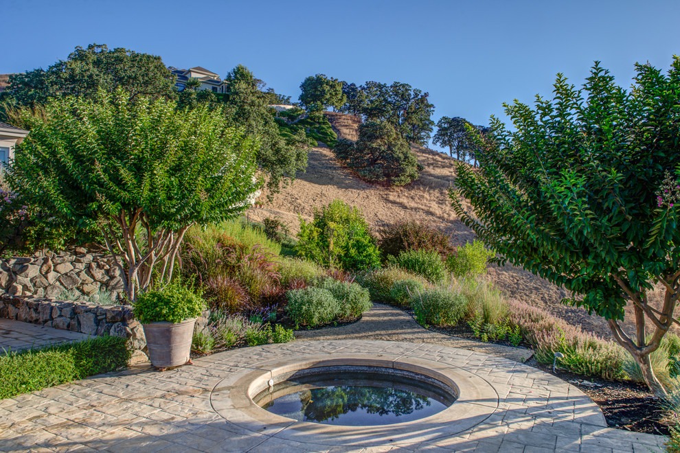 Foto di un grande giardino xeriscape mediterraneo esposto in pieno sole in estate con un pendio, una collina o una riva e pavimentazioni in cemento