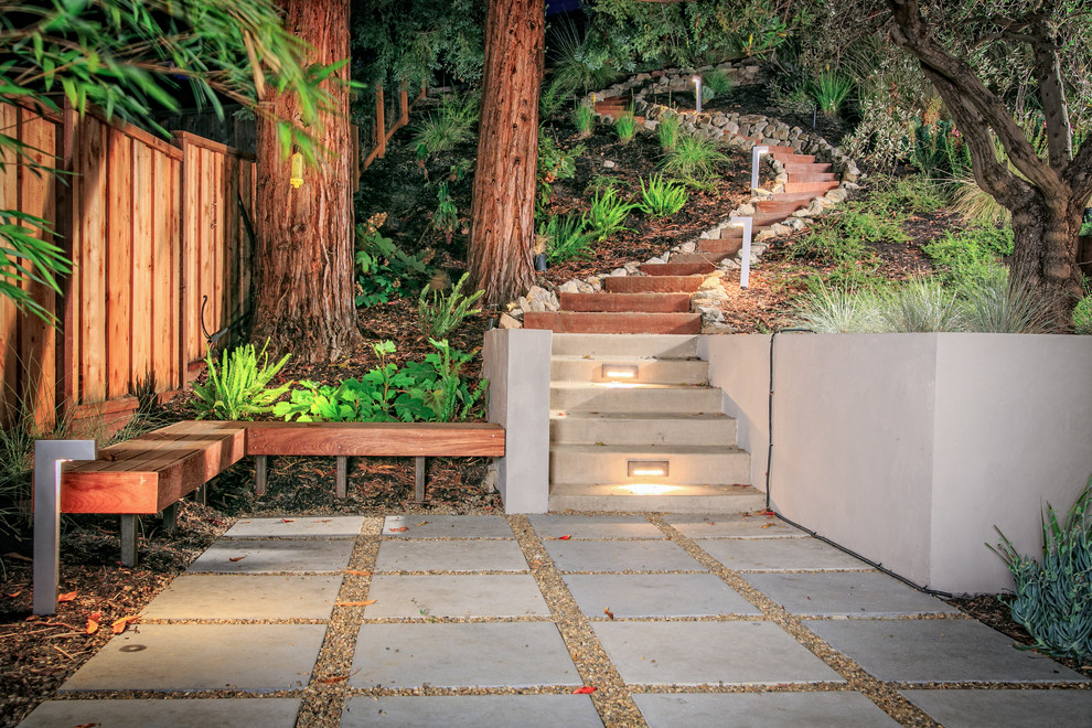サンフランシスコにある広いコンテンポラリースタイルのおしゃれな整形庭園 (傾斜地、コンクリート敷き	、階段) の写真