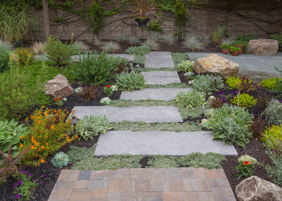 Design ideas for a large transitional drought-tolerant front yard landscaping in San Francisco.