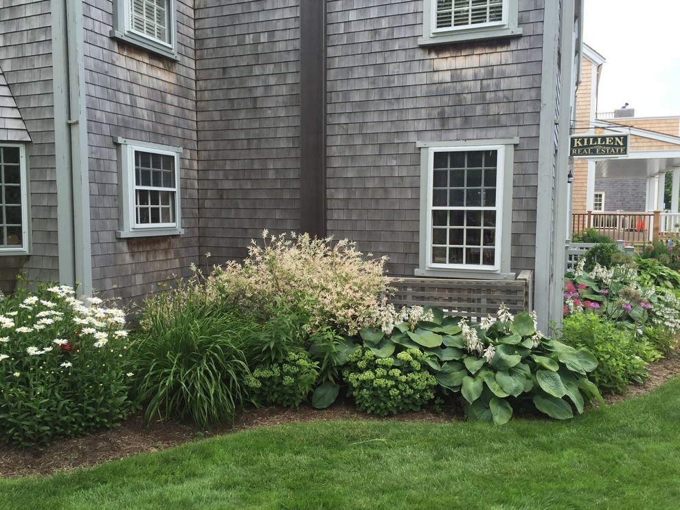 This is an example of a medium sized traditional front formal partial sun garden for spring in Boston with a garden path and mulch.