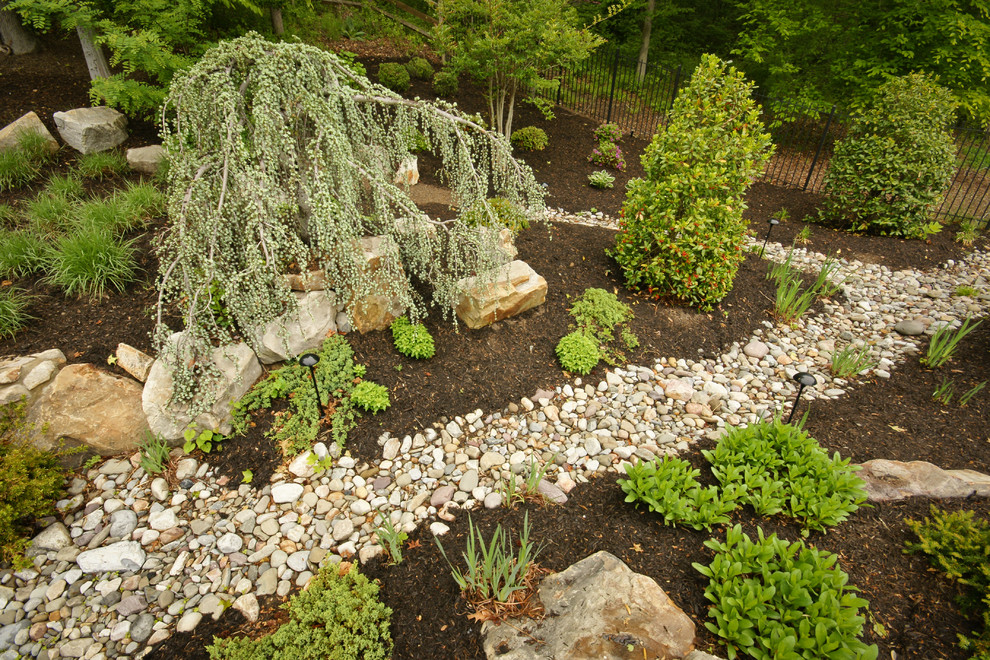 Idée de décoration pour un grand jardin arrière tradition avec une exposition ensoleillée et un paillis.