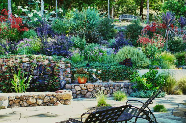 Foto di un giardino tradizionale esposto in pieno sole di medie dimensioni in primavera con un muro di contenimento, un pendio, una collina o una riva e pavimentazioni in pietra naturale