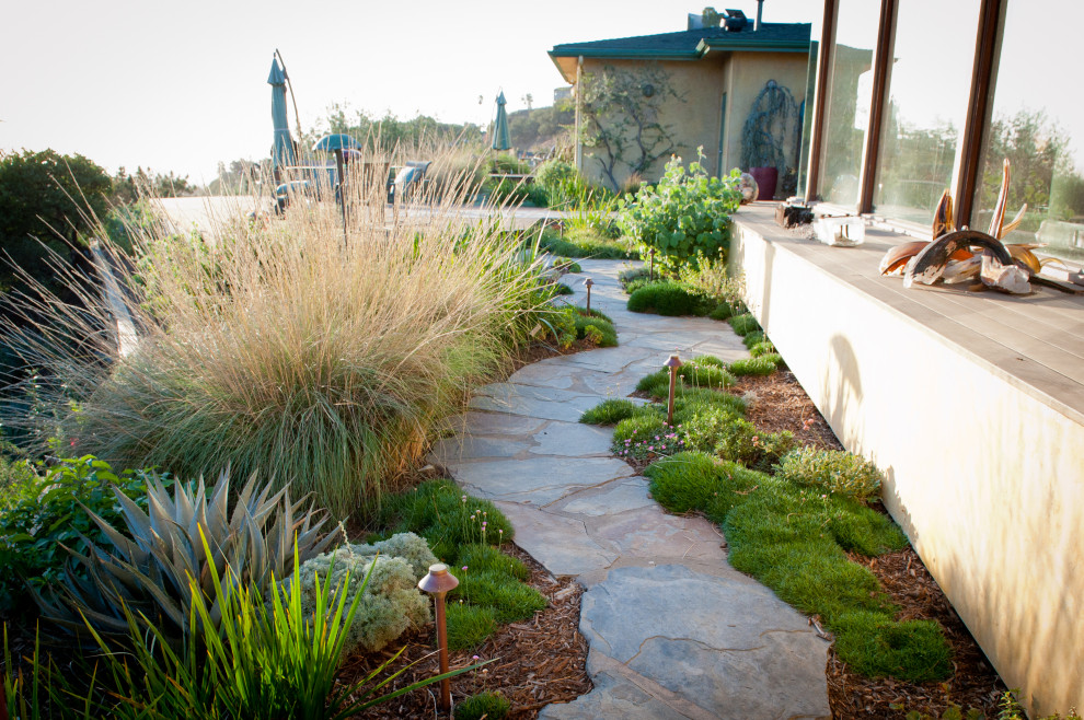 Inspiration for an expansive contemporary sloped xeriscape partial sun garden for winter in Los Angeles with a garden path and natural stone paving.