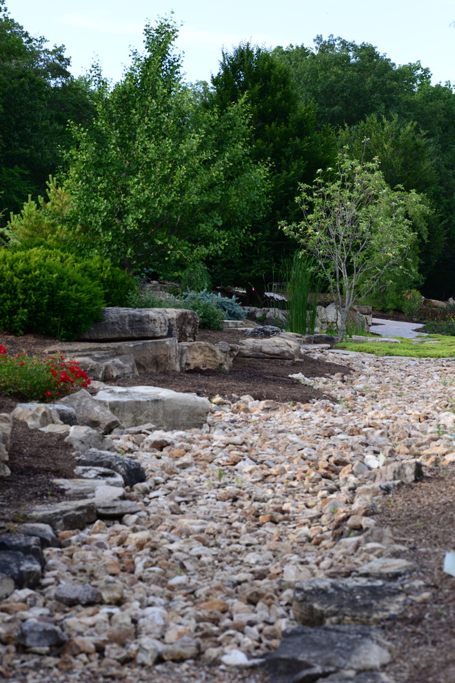 Geometrischer, Großer, Halbschattiger Klassischer Gartenteich im Sommer, hinter dem Haus mit Natursteinplatten in St. Louis