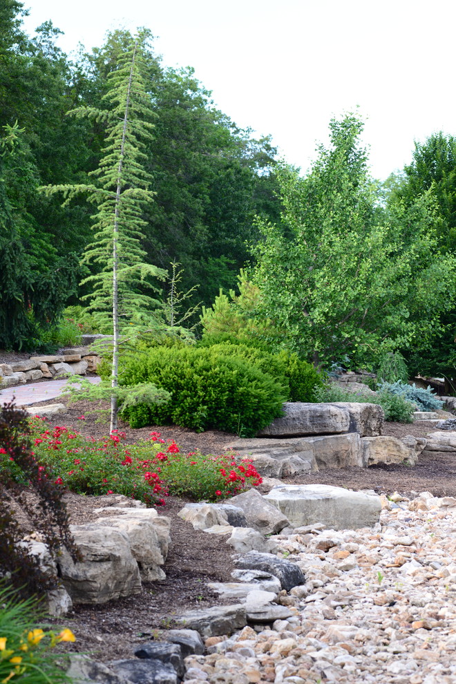 Aménagement d'un grand jardin à la française arrière classique l'été avec un bassin, une exposition partiellement ombragée et des pavés en pierre naturelle.