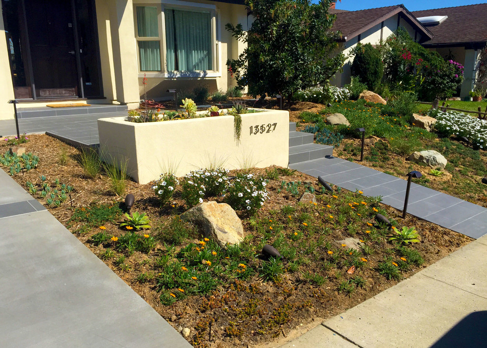 Moderner Vorgarten mit Kübelpflanzen und Natursteinplatten in San Diego