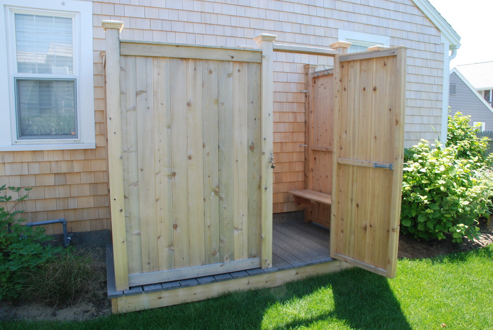 Deluxe Cedar Outdoor Shower Beach Style Landscape Boston by